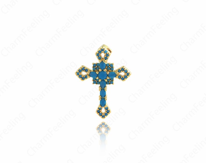 Religious Jewelry,Turquoise Cross Charm, 18K Filled Gold Cross Pendant,DIY Jewelry Making Accessories 25.4x19x3.2mm