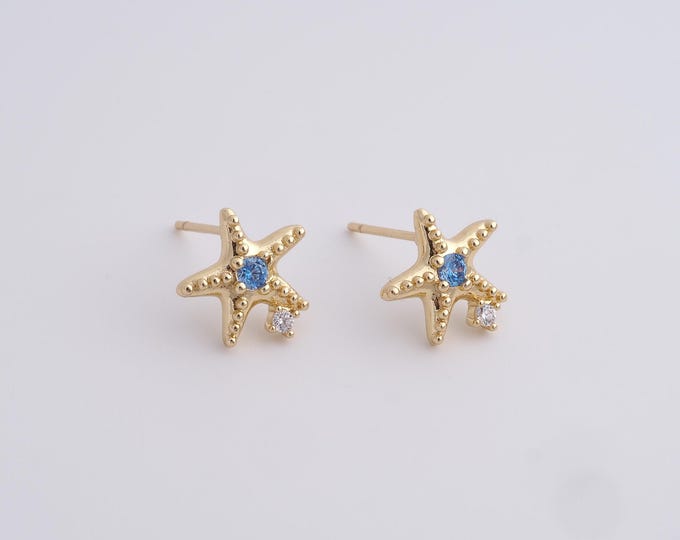 1 Pair, 18K Gold Filled Star Earrings, Starburst Charm, Polaris Earrings, Micropavé CZ Round Earrings, Daily Earrings, 11.2x11mm