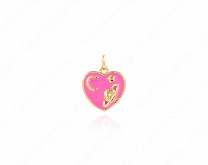 Enamel Planet Charm,18K Gold Filled Heart Pendant,Saturn Charm, Saturn Necklace, DIY Jewelry Accessories, 17x13.5x2.5mm