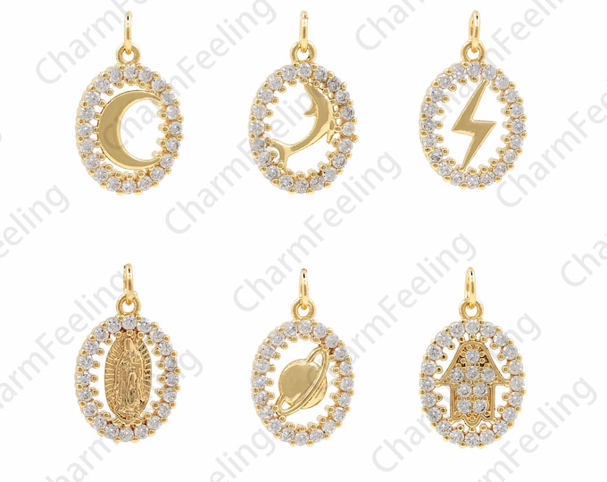 Oval Pendant, Micropavé CZ Oval Charm, Lightning Pendant, Dolphin Pendant, Madonna Pendant, Planet Pendant, Hamsa Charm, 20x12x2.5mm