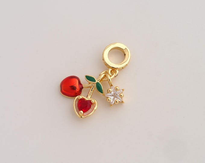 Enamel Heart Cherry Pendant,CZ Fruit Pendant,18K Gold Filled Star Charm,DIY Jewelry Accessories,25x17x4.3mm