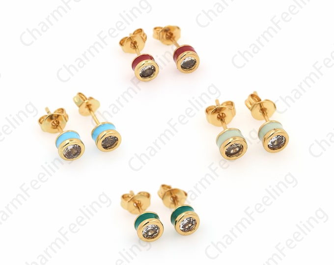 Micropavé CZ Earring Accessories, Round Earrings,Enamel Earring Charm, 18K Gold Filled Pierced Earrings, DIY Earring Accessories,4.8mm
