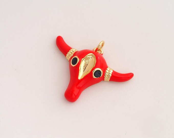 Enamel Cow Head Pendant,Animal Pendant,18K Gold Filled Cow Charm,DIY Jewelry Accessories,26.7x31.8x6.7mm