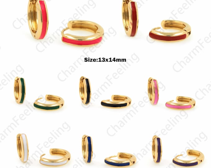 1 Pair 18K Gold Filled Round Earrings, Enamel Earrings, Simple Earrings, Enamel Charm, Multi-Color Options, A Gift For Her, 13x14mm