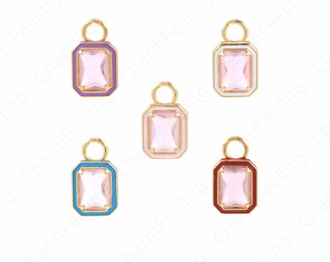 Enamel Charm,Micropavé CZ Bar Necklace,18K Gold Filled Rectangular Charm,Solitaire Pendant,DIY Jewelry Making Supplies,9x15.3x4mm