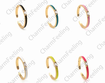 Micropavé CZ Diamond Ring,Round Enamel Ring, Gold Open Ring, Adjustable Ring, Fake Diamond Ring, Engagement Ring, Wedding Ring, Gift For Her