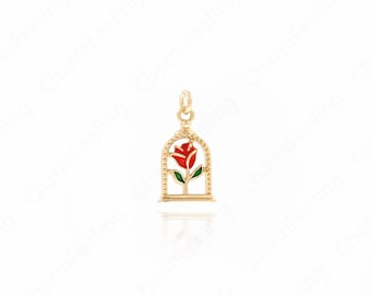 18K Gold Filled Rose Pendant,Enamel Door Charm, Gold Rose Necklace, DIY Jewelry Making Accessories 18x9x2mm