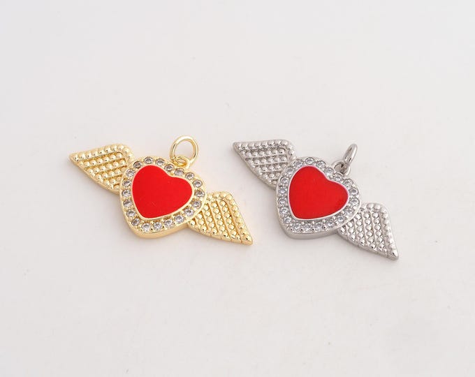 CZ Heart Pendant,Enamel Love Pendant,18K Gold Filled Angel Wings Charm,DIY Jewelry Accessories,18.7x32.4x3.3mm