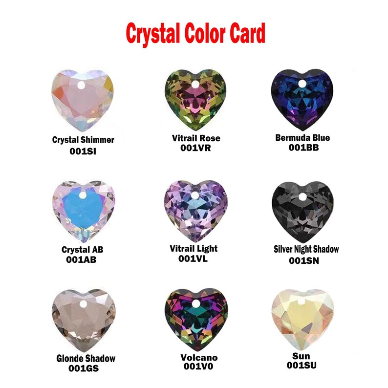 Puede incluir: Tarjeta de colores que muestra nueve cristales en forma de coraz&oacute;n diferentes con sus nombres y c&oacute;digos correspondientes. Los cristales son de varios colores, incluyendo brillo, rosa, azul, AB, luz, sombra de noche plateada, sombra de glonde, volc&aacute;n y sol.