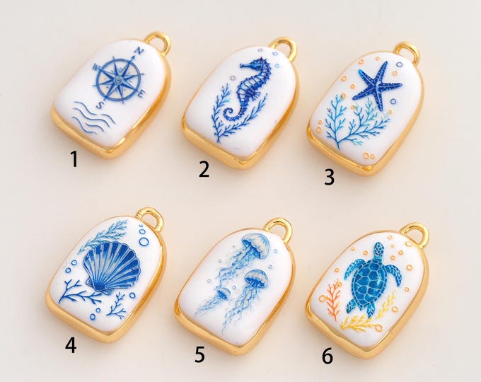 Enamel Starfish Shell Seahorse Pendant,Jellyfish Turtle Compass Pendant,18K Gold Filled Marine Life Charm,DIY Jewelry,21.6x13.6x6mm
