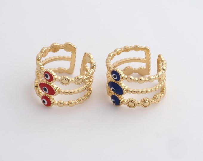1 pair Enamel Eye Ring, 18K Gold Filled Gold Open Ring, Stackable Ring, Adjustable Ring, Micropavé CZ Eye ring, Thin Ring