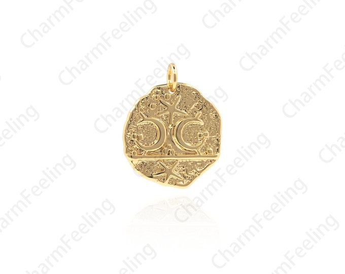Round Medallion Pendant, Star Pendant, Moon Necklace, Star And Moon charm, Gold Coin Charm, DIY Jewelry Making Supplies 22.2x17.5x1.8mm 1pcs