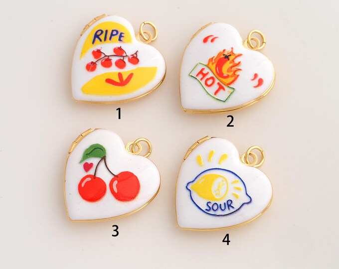Enamel Heart Photo Frame Pendant,Fruit Patterned Pendant,18K Gold Filled Photo Frame Charm,DIY Jewelry Accessories,28.2x23x7.5mm