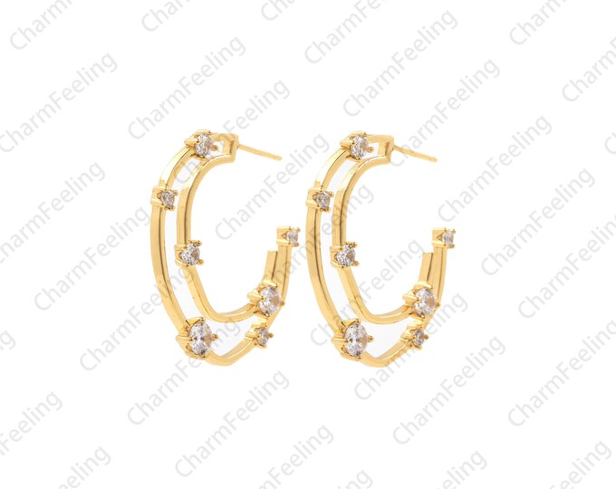 C-shaped earrings, mini earrings, personalized earrings, brass earrings, CZ earrings, ear jewelry 25.4x12.7mm 1 pair