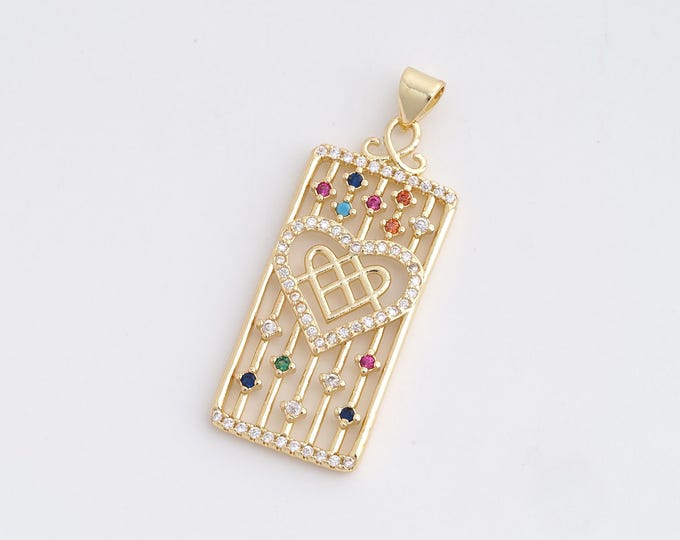Heart Charm, Micropavé CZ Love Necklace, Square Pendant, 18K Gold Filled Heart Pendant, DIY Jewelry Supplies, 39.6x15x2.4mm