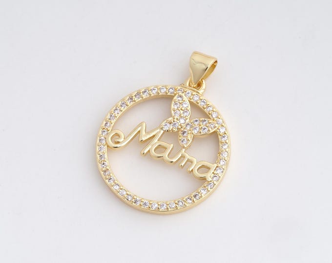 18K Gold Filled Mama Charm, Heart Pendant, Micropavé CZ Heart Necklace, Word Necklace, DIY Jewelry Supplies, 29.4x22.2x3mm
