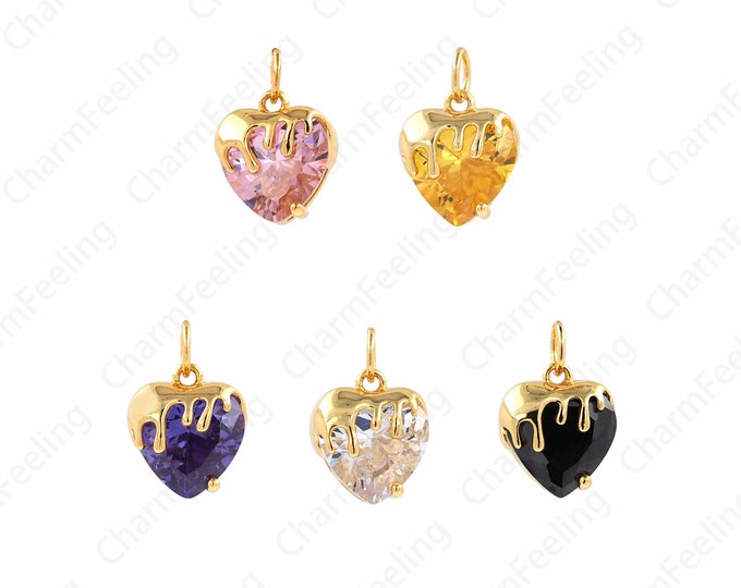 Dainty Necklace, Solitaire Pendant, Heart Pendant, Micropavé CZ Love Charm, 18K Gold Filled Heart Charm, DIY Jewelry Supplies, 15x10.5x6.5mm
