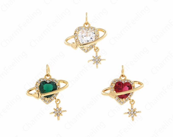 18K Gold Filled Planet Charm,Heart Pendant, Micropavé CZ Saturn Charm, Saturn Necklace, DIY Jewelry Accessories, 22x17x5.5mm