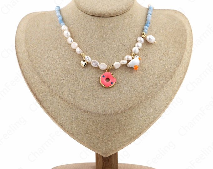 Micro Pave CZ Doughnut Necklace, Food Necklace, Enamel Charm, 18K Gold Filled Pearl Necklace, Gemstone Necklace, Gift For Her,39cm+6cm