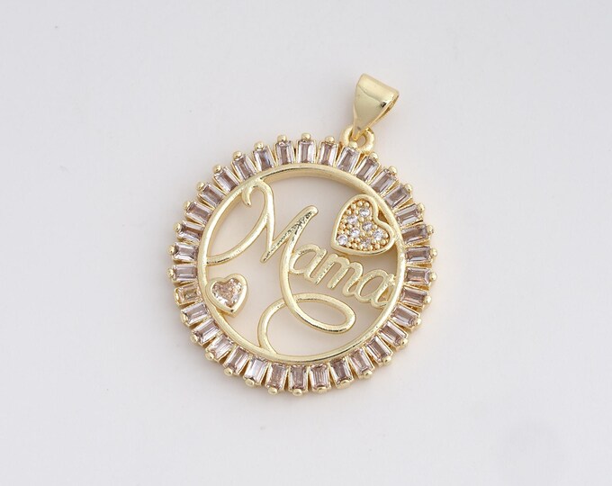 18K Gold Filled Mama Charm, Round Pendant, Micropavé CZ Heart Necklace, Word Necklace, DIY Jewelry Supplies, 32.3x26x3mm