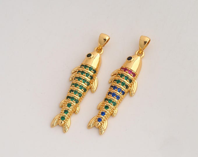 CZ Fish Pendant,Marine Life Pendant,18K Gold Filled Fish Charm,DIY Jewelry Accessories,40x11x4mm