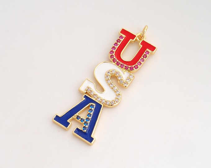 CZ USA Letter Pendant,Enamel American Letter Pendant,18K Gold Filled American Charm,DIY Jewelry Accessories,43.2x14.7x2.5mm