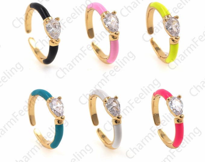 18K Gold Filled Enamel Ring, Exquisite Gold Ring, Micropavé CZ Round Ring, Ring Charm, Adjustable Ring, Golden Open Ring 1PCS