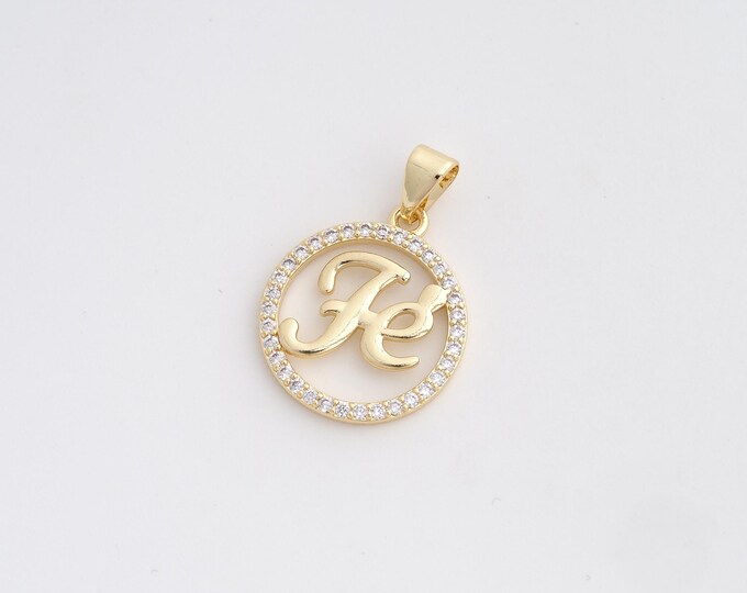 CZ Fe Pendant,Round Pendant,18K Gold Filled Letter Charm,DIY Jewelry Accessories,24.7x17.3x2mm