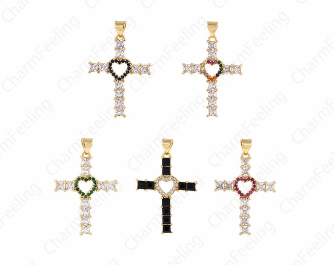 18K Gold Filled Heart Necklace, Heart Cross Pendant, Micropavé CZ Religious Charm, Heart Pendant, DIY Jewelry Supplies, 35.5x22.8x3mm