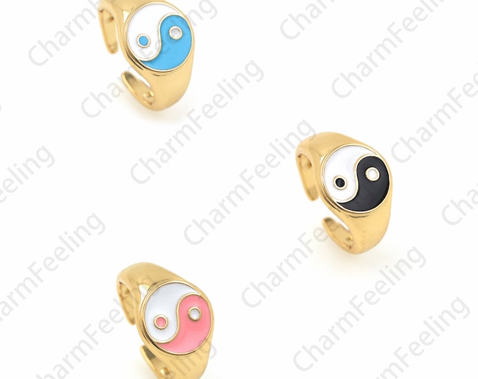18K Gold Filled Enamel Bagua Rings, Tai Chi Rings, Feng Shui Rings, Signet Rings, Gold Open Rings, Adjustable Rings, Chinese Mythology Rings