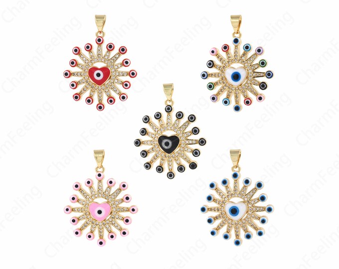 Eye Charm, 18K Gold Filled Heart Pendant, Round Charm, Enamel Charm, Micropavé CZ Enamel Evil Eye Charm, DIY Jewelry Supplies, 31x24.5x4.5mm