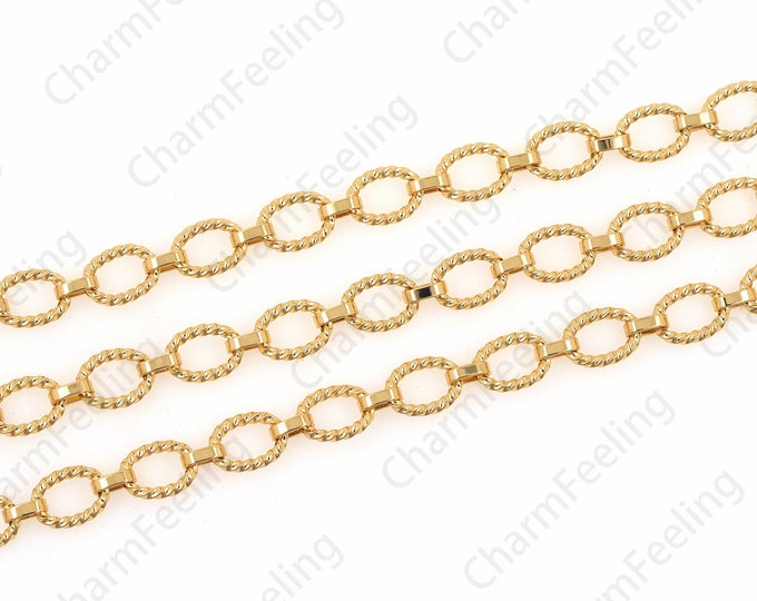 textured chain,18K Gold Filled Cable Chain,Gold Links,Bracelet Necklace Accessories,Continuous Chain,Gold-Plated Found 7x9mm 1 Meter