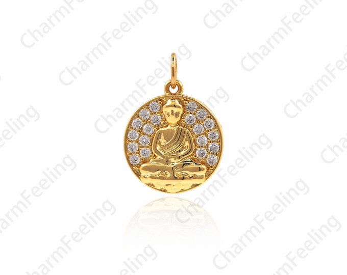 Round Buddha Pendant, CZ Micro-Pave Buddha Necklace, The Charm Of Sitting Buddha, DIY Jewelry Making Accessories 19.5x14x2.1mm 1pcs