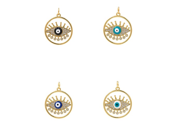 18K Gold Filled Round Eye Pendant, Devil's Eye Necklace, Micropavé CZ Eye Charm, DIY Jewelry Supplies, 25x20x3mm