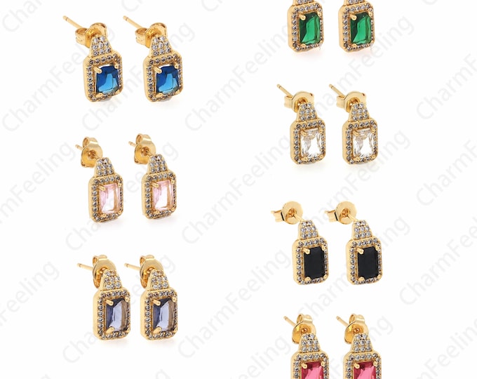 1 Pair,Square Earrings,Crystal Earrings,18K Gold Filled Rectangular Rhinestone Earrings,Micropavé CZ Exquisite Earrings,7x12.5x3.5mm