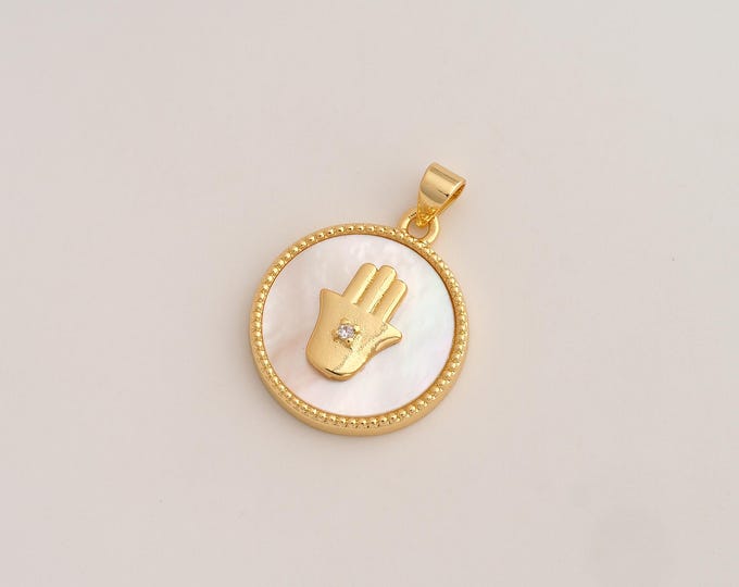 CZ Hamsa Hand Pendant,Fritillaria Fatima Pendant,18K Gold Filled Hamsa Charm,DIY Jewelry Accessories,28x20.4x3.8mm