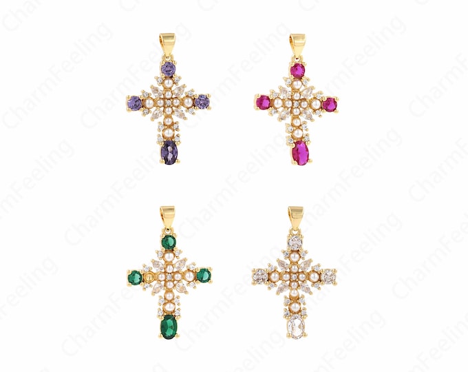 Religious Charm, Pearl Cross Necklace, Micropavé CZ Cross Pendant, 18K Gold Filled Faith Charm, DIY Jewelry Accessories, 30.5x20.5x4mm