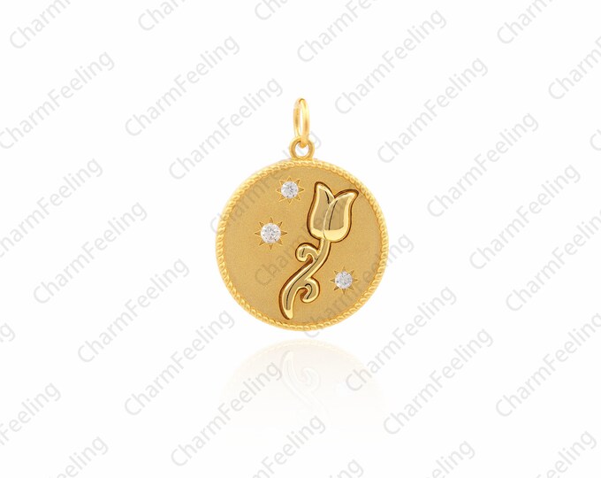 Tulip Round Coin Pendant Necklace，Cubic Zirconia Rose Gold Pendant，Flower Round Pendant，CZ Micro Pave Tone pendant 23×17.3×2.5mm  1pcs