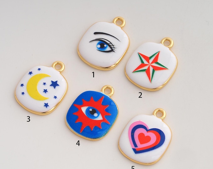 Evil Eye Pendant,Enamel Heart Pendant,18K Gold Filled Moon Star Charm,DIY Jewelry Accessories,22.8x17.8x3.3mm