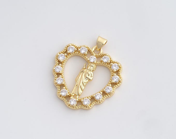 18K Gold Filled St.Jude Pendant,Saint Jude Thaddeus Necklace,Heart Charms,DIY Jewelry Supplies,33.5x30x4mm