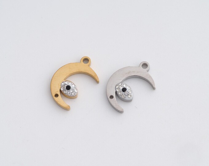Stainless Steel Moon Pendant,Celestial Charms,CZ Evil Eye Charm, DIY Jewelry Supplies,14.2x9x2.5mm