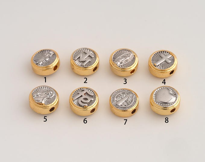 18K Gold Filled Heart Jesus Cross Spacer Beads,Religious Beads,Fe Saint Jude Virgin Mary Beads,DIY Jewelry Supplies,9.7x5.8mm Hole 2.5mm