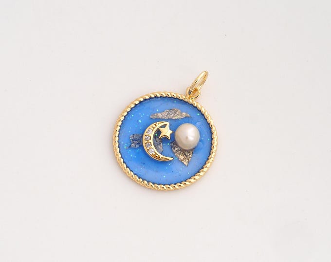 CZ Moon Star Pendant,Enamel Celestial Pendant,18K Gold Filled Star Moon Charm,DIY Jewelry Accessories,23.7x18x4.4mm