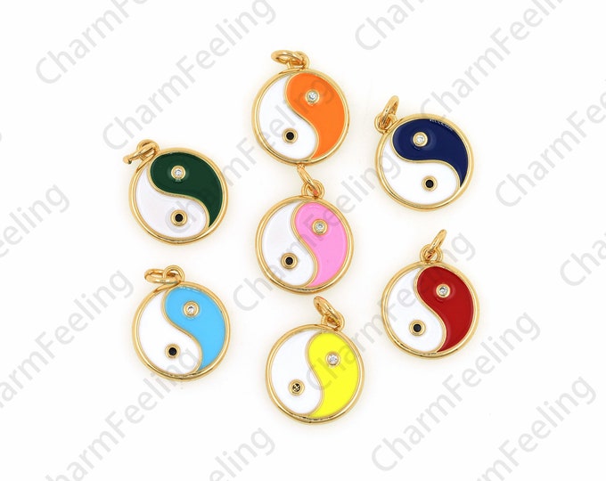 18K Gold Filled Taoist Pendant, Enamel Feng Shui Charm,Spirits Pendant, Tai Chi Necklace, Tai Chi Charm, Enamel Charm, 18x12.5x1.8mm