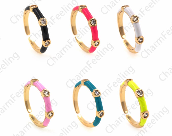 18K Gold Filled Enamel Ring, Exquisite Gold Ring, Micropavé CZ Round Ring, Ring Charm, Adjustable Ring, Golden Open Ring 1PCS