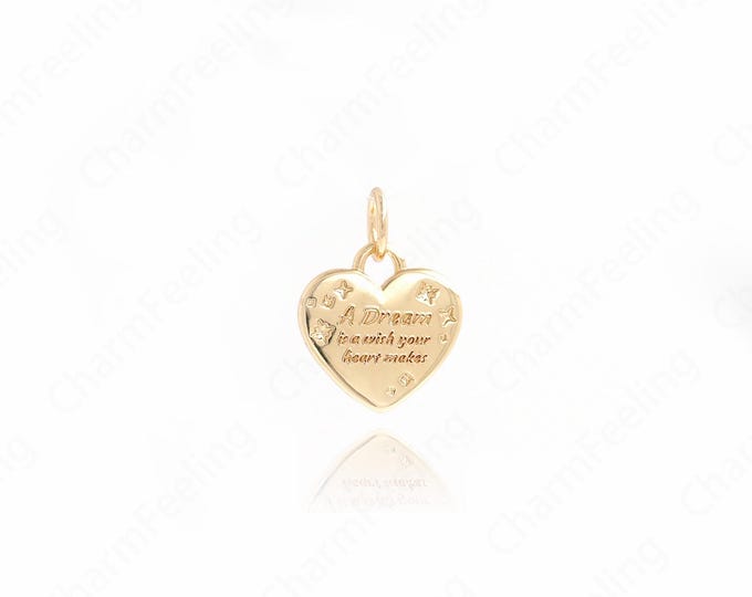 Gold Heart Pendant,Dainty Love Necklace,18K Gold Filled Heart Charm,Letter Charm, DIY Jewelry Accessories, 15x11x1mm