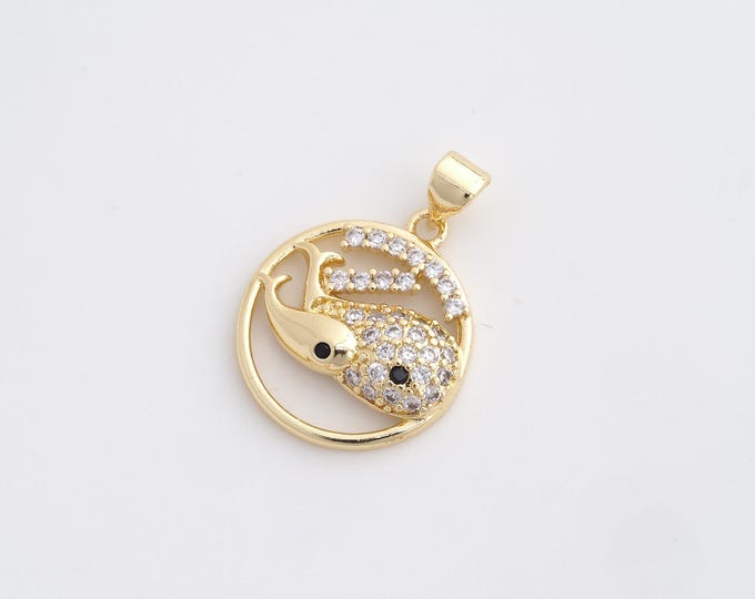 CZ Whale Pendant,Marine Life Pendant,18K Gold Filled Whale Charm,DIY Jewelry Accessories,25.4x18x4mm