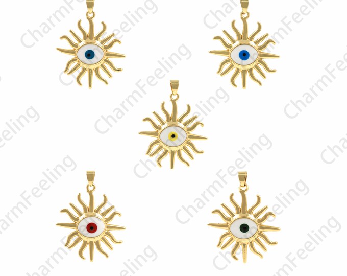 Sun Burst Charm Enamel Eye Pendant, Filled Gold Eye Necklace,Eye Charm,Supply Celestial Amulet Jewelry 34.5x45x4.2mm