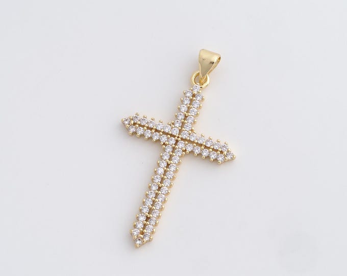 18K Gold Filled Cross Pendant,Religious Charm,Cross Charm,Christian Charm,Micropavé CZ Cross Necklace,DIY Jewelry Accessories,42x23.3x2.3mm