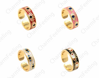 18K Gold Filled Wide Ring, Enamel Ring,Eye Ring, Gold Open Ring, Adjustable Ring, Stackable Ring, Eye Charm, Enamel Charm